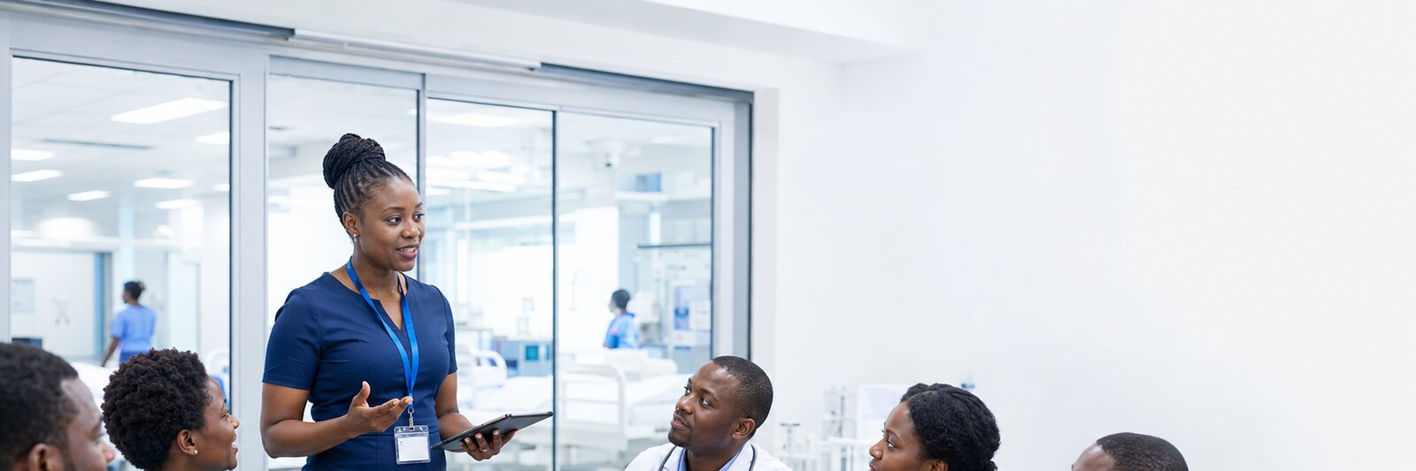A hospital management team meeting beside a ward